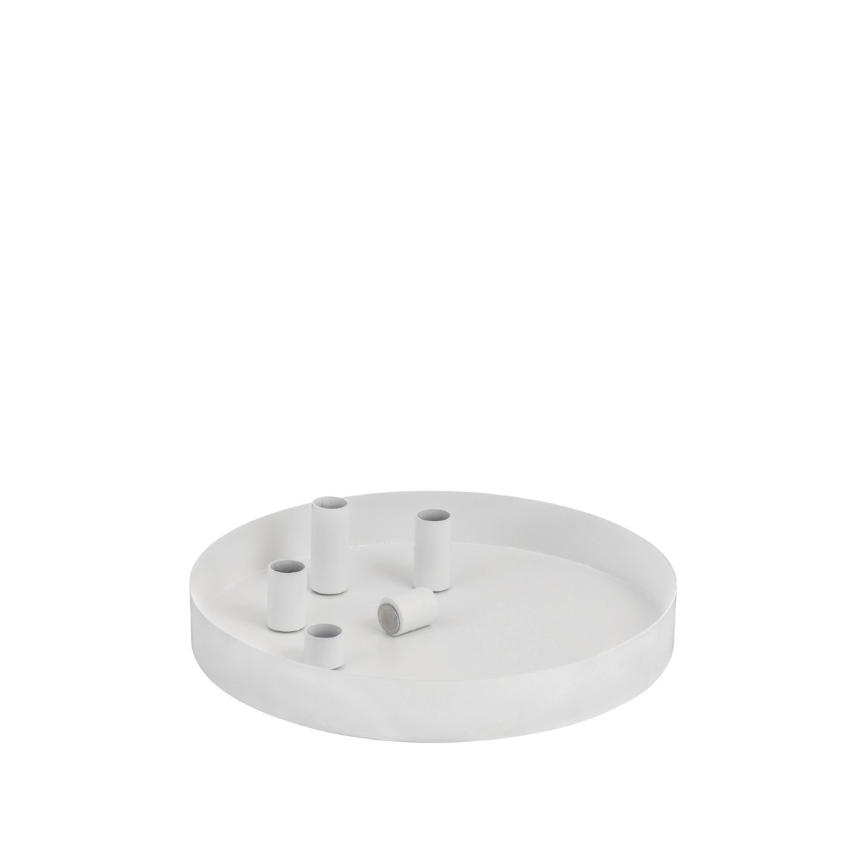 Rund hvid bakke med fem magnetiske lysholdere
Ø: 31 cm H: 4 cm