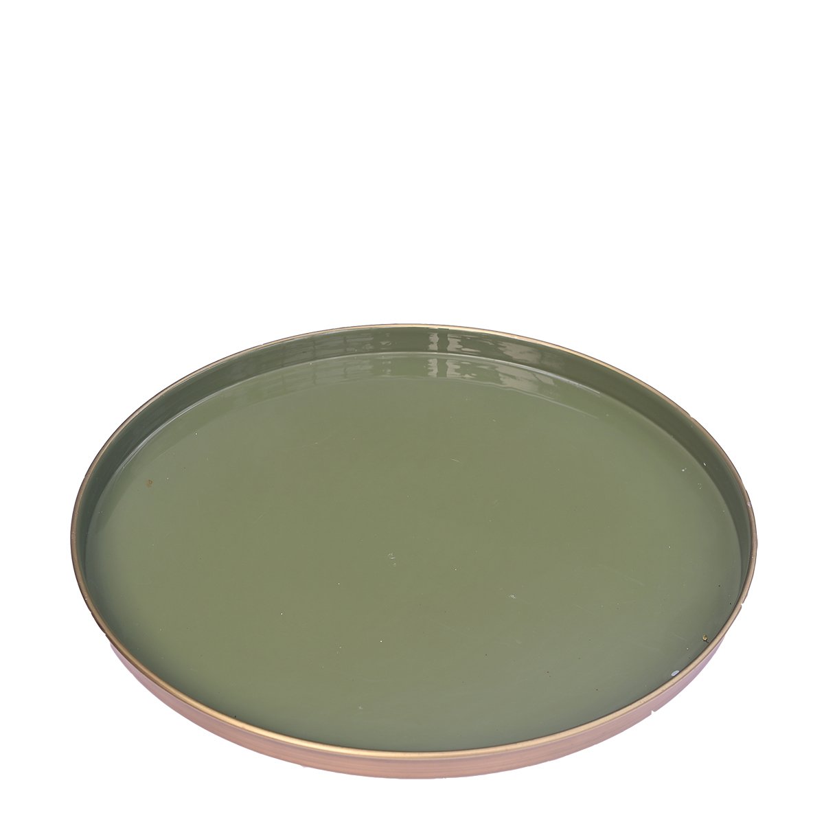 Stor rund messingbakke med olivengrøn inderside Ø: 41,5 cm