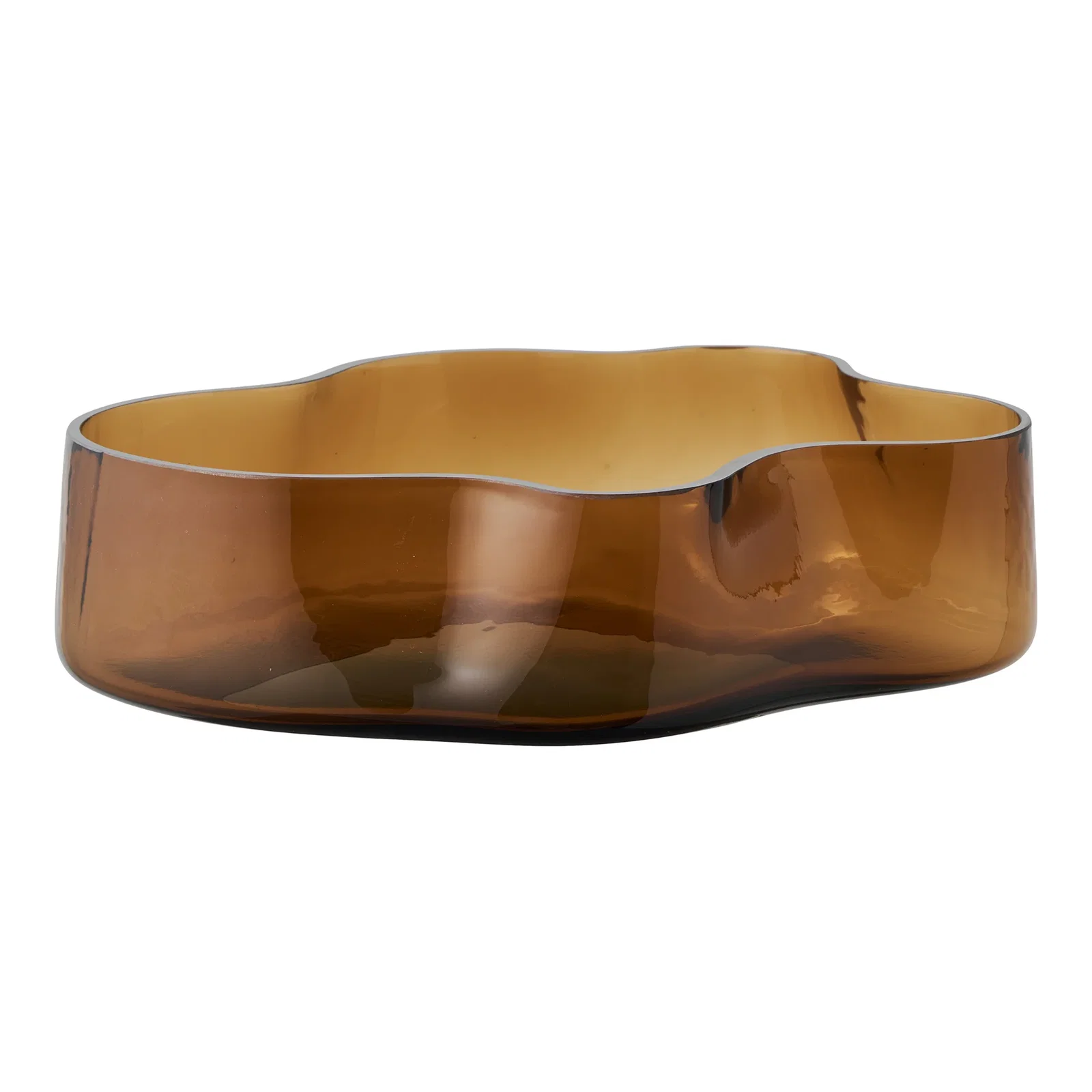Asymmetrisk ravfarvet mundblæst fad/skål B: 24 cm H: 7 cm L: 29,5