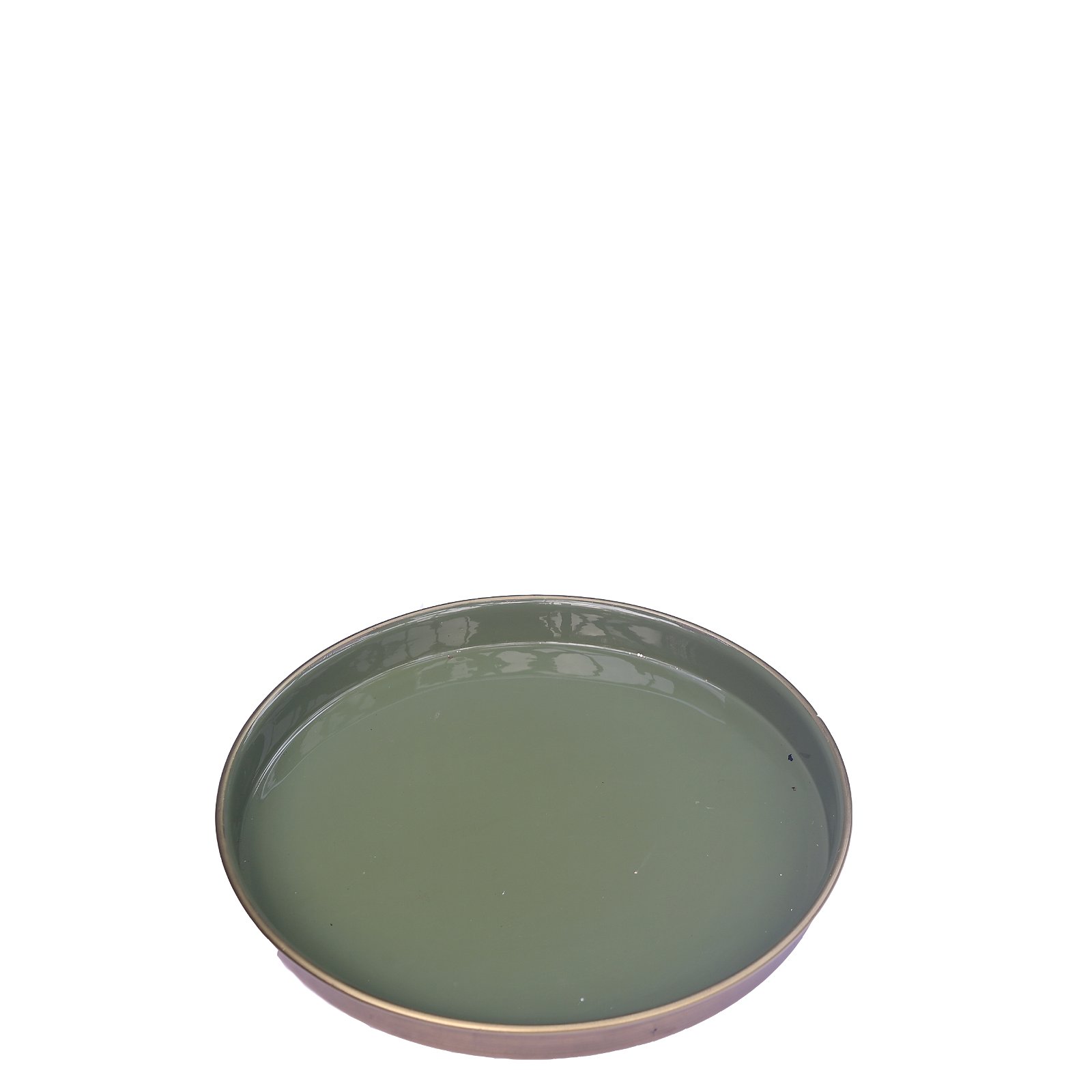Mellemstor rund messingbakke med olivengrøn inderside Ø: 26 cm