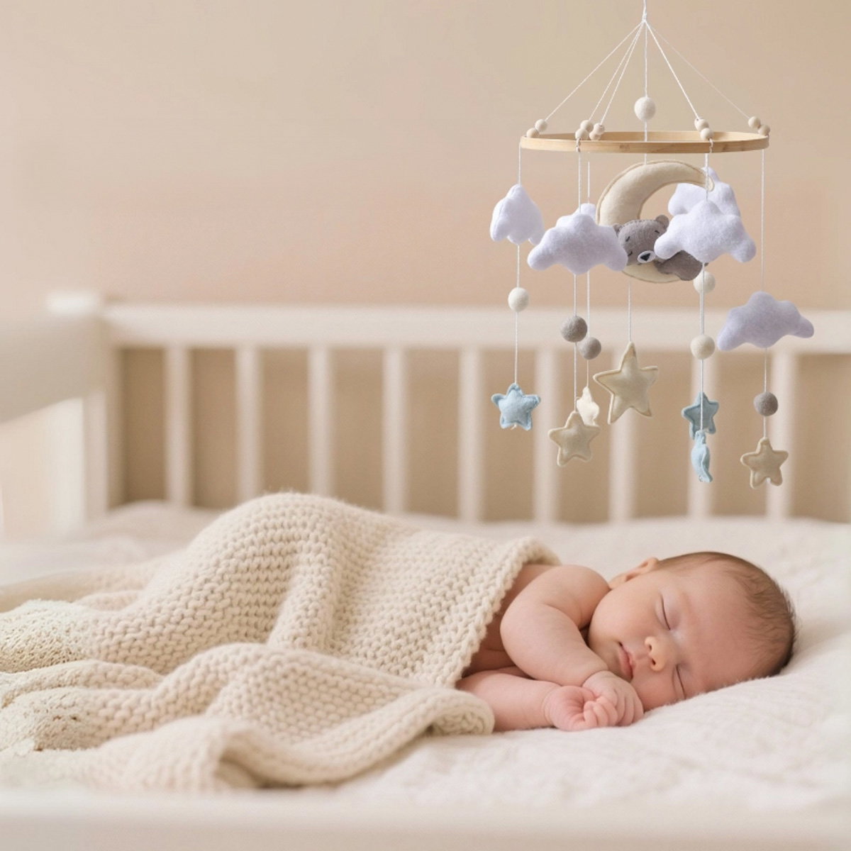 Håndlavet babyuro med søvnig bjørn, filt og træ - Ø: 28 cm H: ca. 40 cm