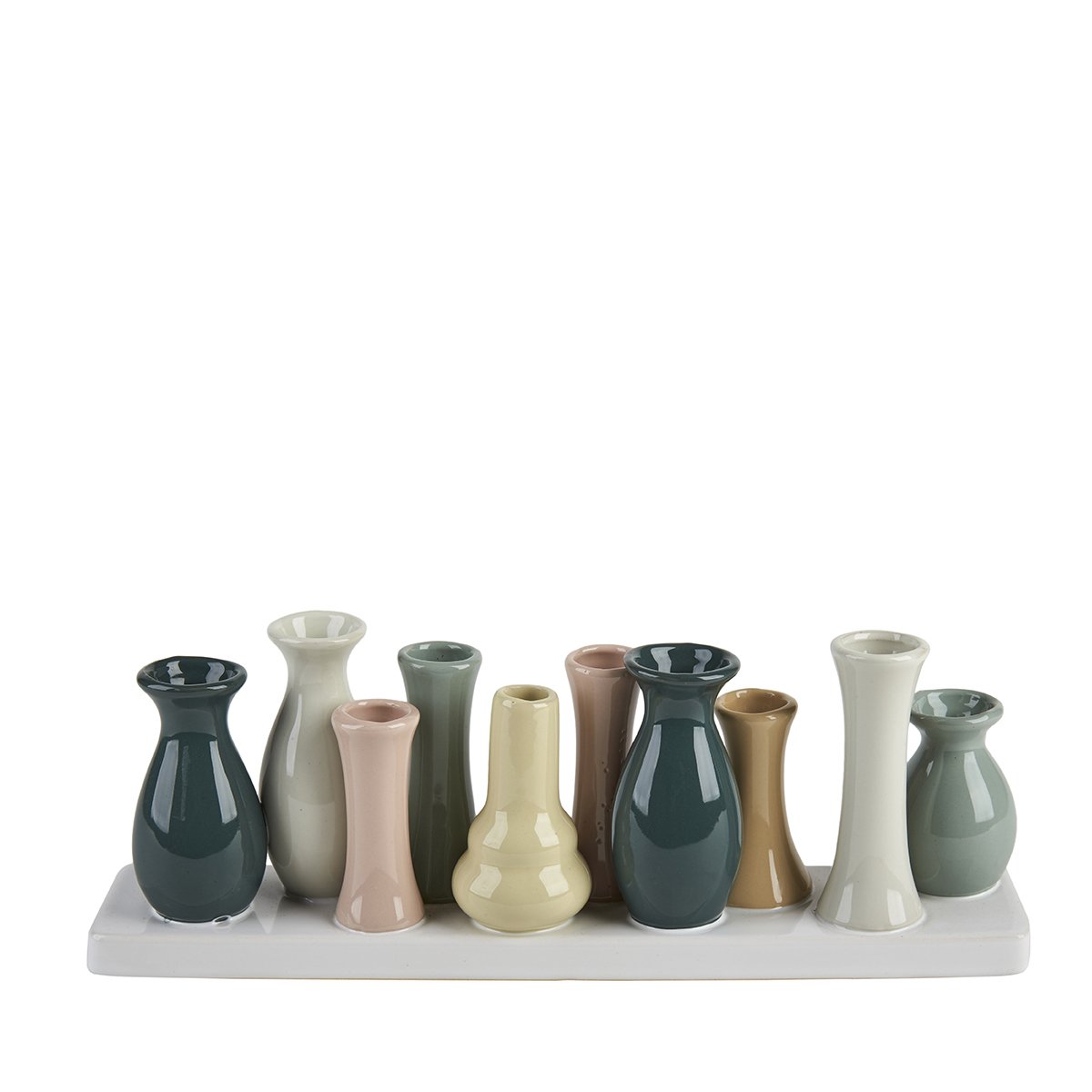 Vaser i flok – 10 vaser. Pastelfarvede
B: 30 cm H: 10 cm L: 6 cm