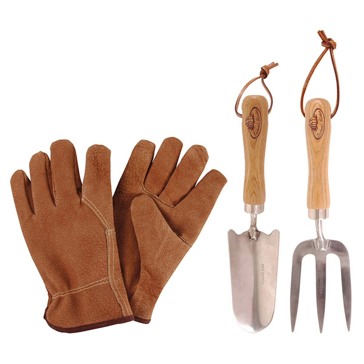 Gaveæske med håndredskabssæt i rustfrit stål samt handsker
